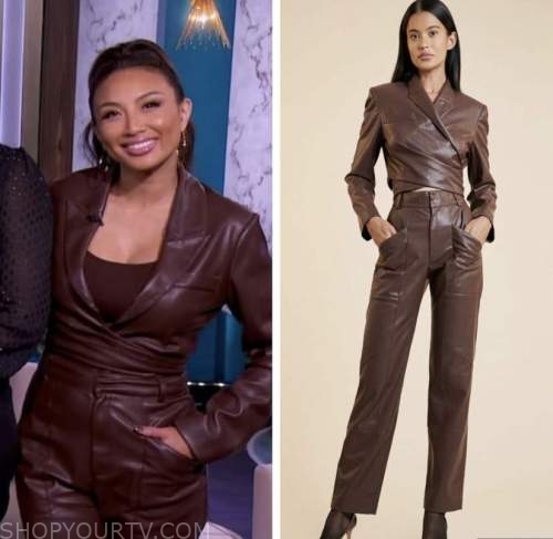 The Real: April 2022 Jeannie Mai's Brown Leather Wrap Blazer and Brown ...