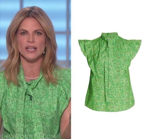 The Talk: April 2022 Natalie Morales's Green Printed Tie Neck Blouse ...