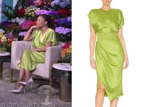 The Real: May 2022 Jeannie Mai's Green Satin Slit Midi Dress 