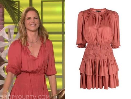 The Talk: May 2022 Natalie Morales's Rust Orange Ruffled Satin Dress ...