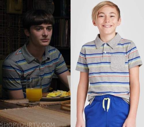 The red, brown, yellow striped t-shirt of Will Byers (Noah Schnapp) in the  series Stranger Things (Season 4 Episode 1)