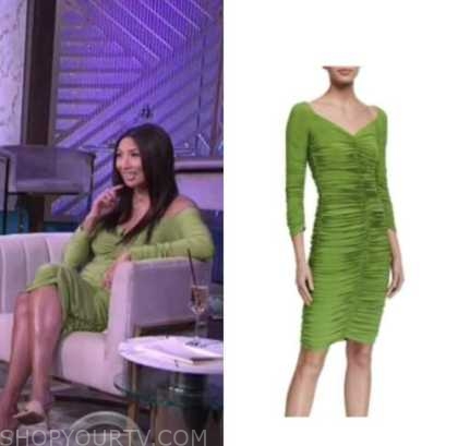 The Real: June 2022 Jeannie Mai's Green Off-the-Shoulder Ruched Dress ...