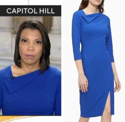 CBS Mornings: June 2022 Nikole Killion's Blue Folded Neck Sheath Dress ...