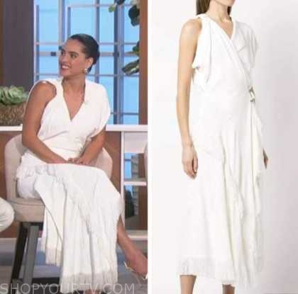 The Talk: June 2022 Adria Arjona's White Asymmetric Fringe Dress ...