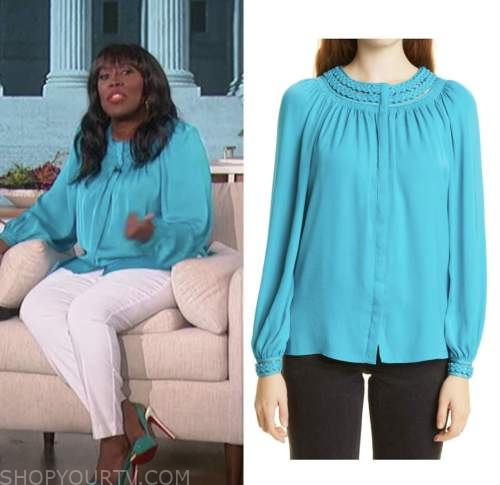 The Talk: June 2022 Sheryl Underwood's Aqua Blue Braided Trim Blouse ...