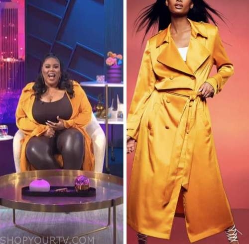 E! News: Nightly Pop July 2022 Nina Parker's Orange Satin Trench Coat ...