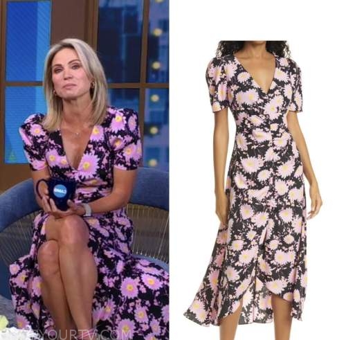 Good Morning America: July 2022 Amy Robach's Black and Pink Floral Midi ...