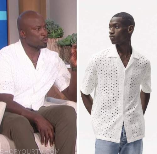 The Talk: July 2022 Akbar Gbajabiamila's White Eyelet Embroidered Shirt ...