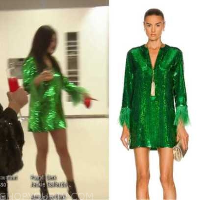 Real Housewives of Beverly Hills Season 12 Episode 11 Crystals Green Sequin Feather Trim Dress Fashion, Clothes, Outfits and Wardrobe on Shop Your TV pic image
