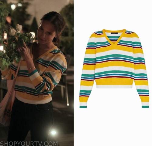 Irma Vep: Season 1 Episode 5 Mira's Green V Neck Striped Sweater