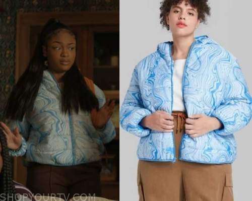 The Chi: Season 5 Episode 6 White & Blue Swirl Marble Print Puffer Jacket