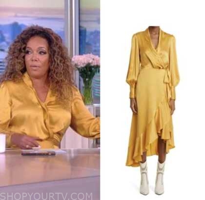 The View: August 2022 Sunny Hostin's Yellow Satin Wrap Midi Dress ...