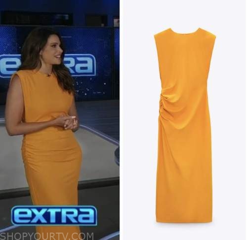 Extra: August 2022 Jennifer Lahmers's Orange Midi Dress | Shop Your TV