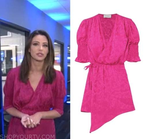 Extra: August 2022 Jennifer Lahmers's Pink Jacquard Wrap Dress | Shop ...