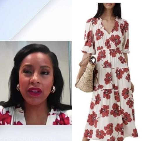 the today show, sheinelle jones, white and red floral dress