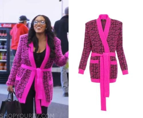 Balmain Long Belted Monogram Mohair Cardigan worn by Drew Sidora