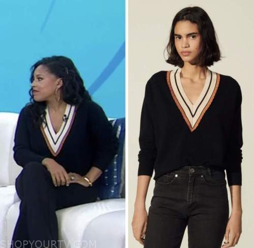 the today show, striped trim v-neck sweater, sheinelle jones