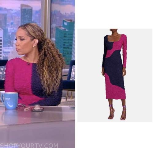 The View: October 2022 Sunny Hostin's Pink and Navy Blue Textured Midi ...