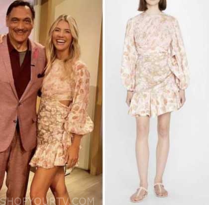 The Talk: October 2022 Amanda Kloots's Pink Jacquard Print Cutout Waist ...