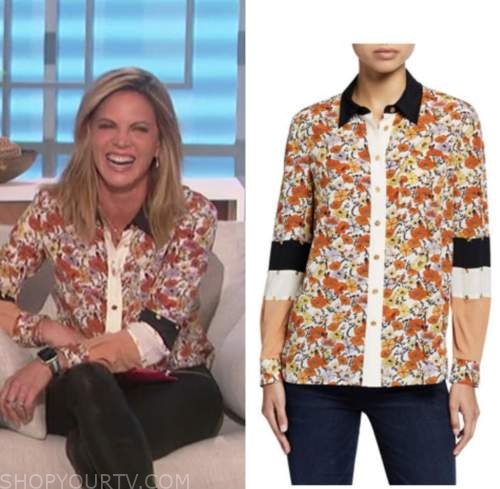 The Talk: October 2022 Natalie Morales's Floral Colorblock Button Down ...