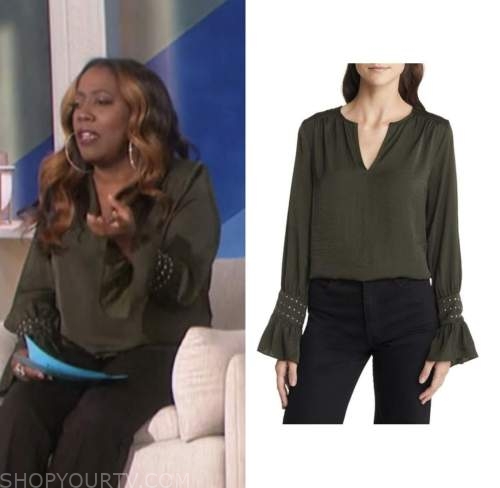 The Talk: November 2022 Sheryl Underwood's Green Studded Cuff Blouse ...