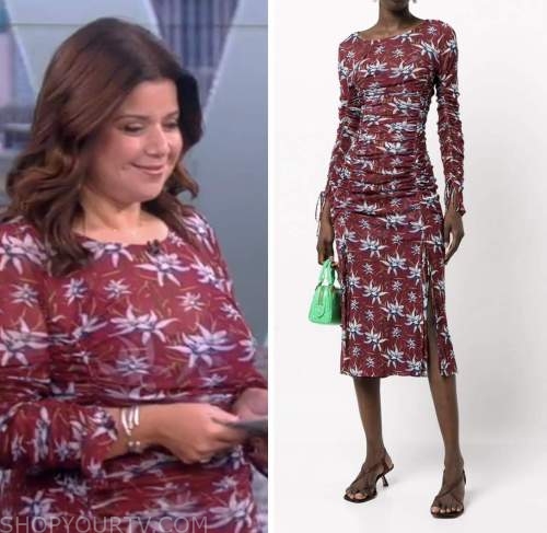 The View: November 2022 Ana Navarro's Burgundy Ruched Floral Midi Dress ...