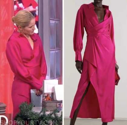 The View: November 2022 Sara Haines's Pink Satin Wrap Midi Dress | Shop ...