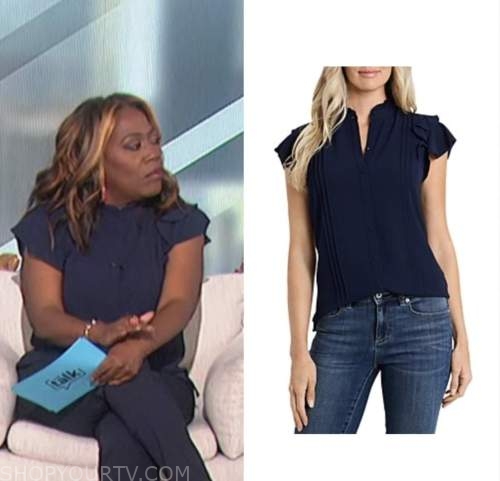 The Talk: November 2022 Sheryl Underwood's Navy Blue Pintuck Ruffle ...