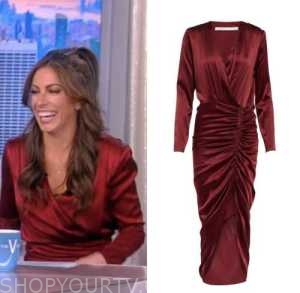 The View: November 2022 Alyssa Farah Griffin's Red Satin Wrap Midi ...