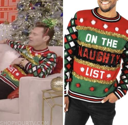 Tipsy Elves Naughty or Nice Ugly Christmas Sweater worn by Ryan Seacrest as  seen in LIVE with Kelly and Ryan on December 16, 2022