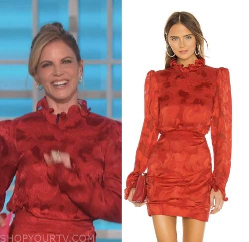 The Talk: December 2022 Natalie Morales's Red Jacquard Ruffle Mock Neck ...