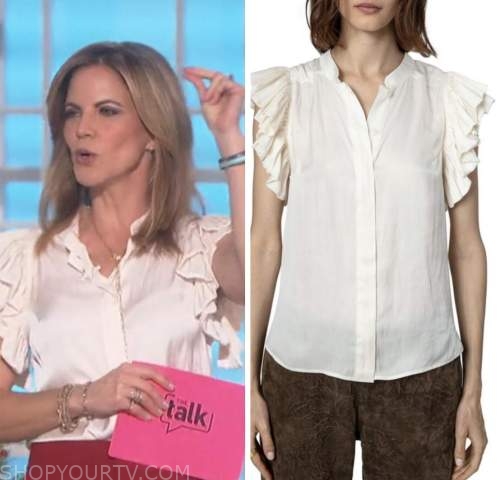 The Talk: December 2022 Natalie Morales's Ivory Flutter Sleeve Top ...