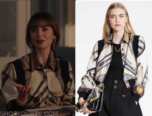 Louis Vuitton Scarf Print Reversible Bomber Jacket worn by Emily Cooper  (Lily Collins) as seen in Emily in Paris (S03E10)