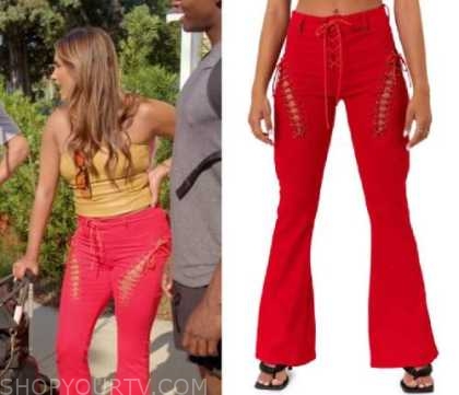 Southern Hospitality Season 1 Episode 4 Red Lace Up Cut Out Jeans Fashion, Clothes, Outfits and Wardrobe on Shop Your TV image