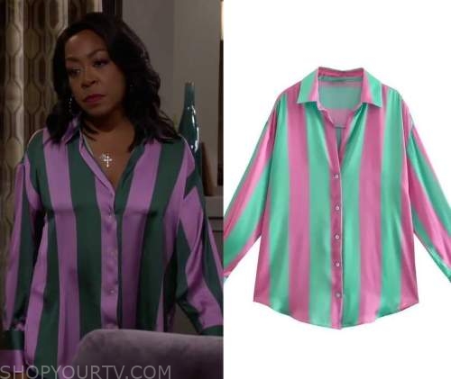 The Neighborhood: Season 5 Episode 10 Tina's Silk Striped Shirt | Shop ...