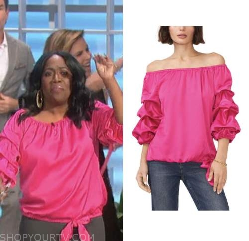 The Talk: January 2023 Sheryl Underwood's Pink Satin Tie Waist Blouse ...