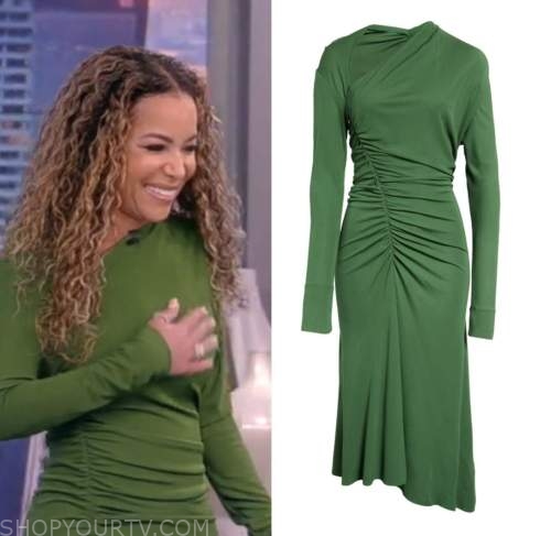 The View: January 2023 Sunny Hostin's Green Ruched Asymmetric Neck Midi ...