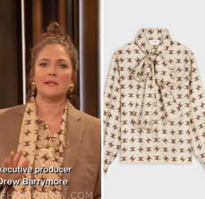 Drew Barrymore Show: January 2023 Drew Barrymore's Ivory Printed Satin ...