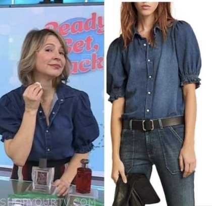 The Today Show: February 2023 Samantha Brown's Denim Puff Sleeve Shirt ...