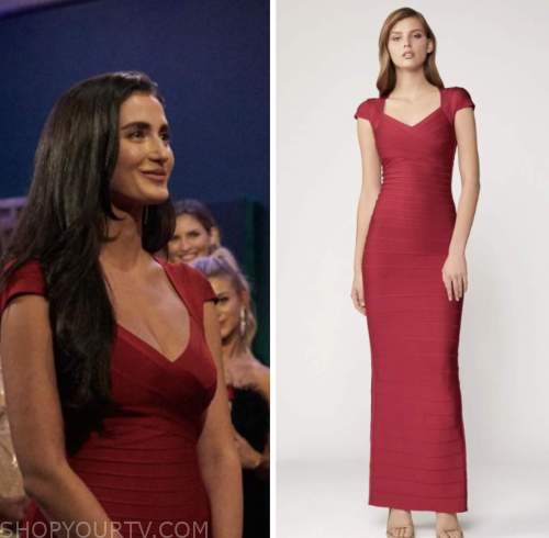 The Bachelor Season 27 Episode 2 Ariel Frenkels Red Bandage Cap Sleeve Gown Shop Your Tv 1566