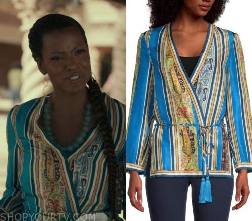 Bel-Air: Season 2 Episode 3 Vivian's Blue Printed Wrap Top | Shop Your TV