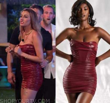 Oh Polly Wrapped In Love Bustier Mini Dress in Burgundy worn by Chloe Veitch  as seen in Perfect Match (S01E08)