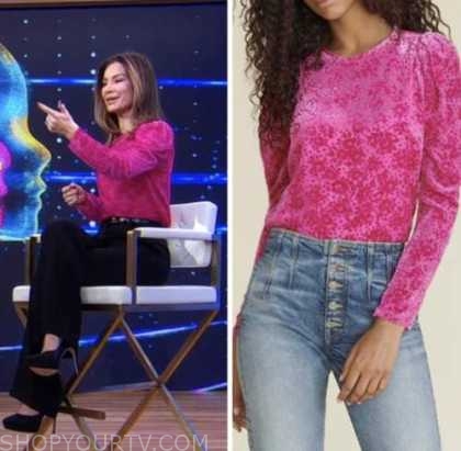 Good Morning America: March 2023 Rebecca Jarvis's Pink Floral Velvet  Burnout Top