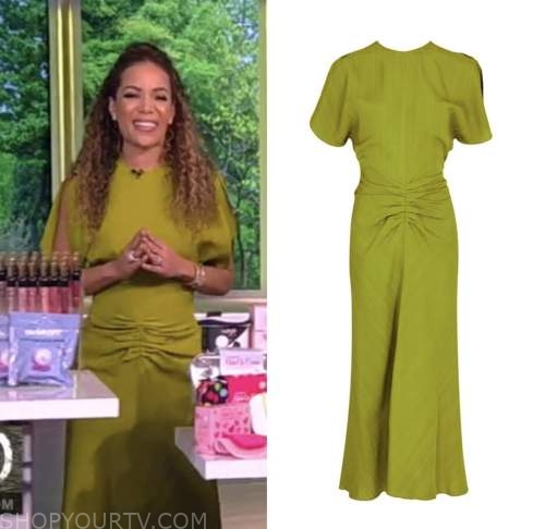 The View: March 2023 Sunny Hostin's Green Ruched Split Sleeve Midi ...