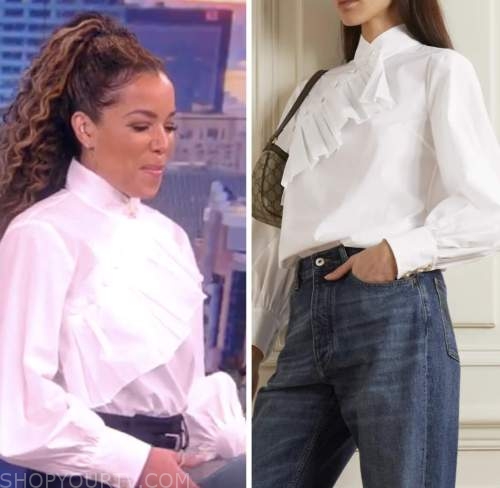 The View: March 2023 Sunny Hostin's White Asymmetric Ruffle Blouse ...