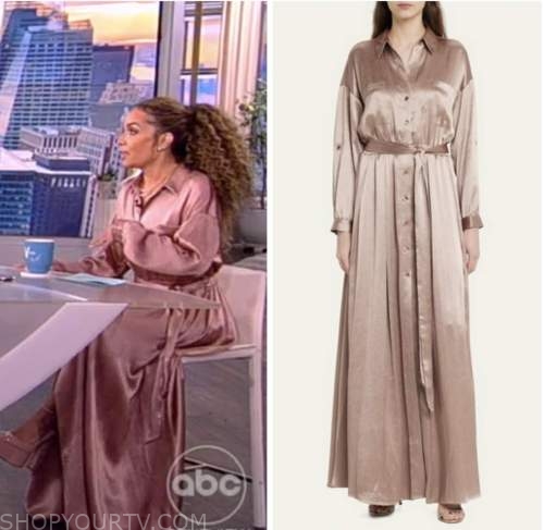 The View: March 2023 Sunny Hostin's Pink Satin Maxi Shirt Dress | Shop ...