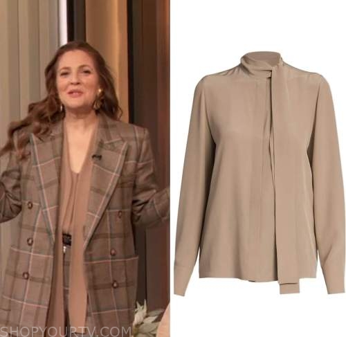 Drew Barrymore Show: April 2023 Drew Barrymore's Beige Tie Neck Blouse ...