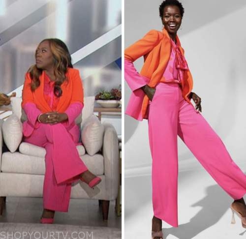 The Talk: April 2023 Sheryl Underwood's Pink and Red Colorblock Blazer, Pink  Tie Neck Top and Pink Pants