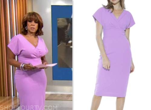 CBS Mornings: April 2023 Gayle King's Purple Surplice Sheath Dress ...