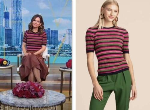 Trina Turk Shadows Stripe Sweater worn by Rebecca Jarvis as seen